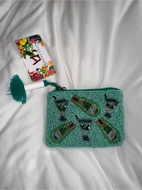 Green Champagne Bottle Beaded Zipper Pouch New with Tags